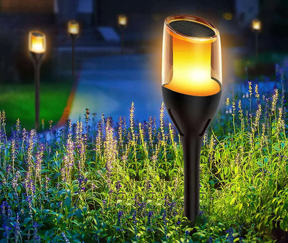 Ogrodowa lampa solarna LED słupek wbijany z czujnikiem zmierzchu imitująca płomień pochodni