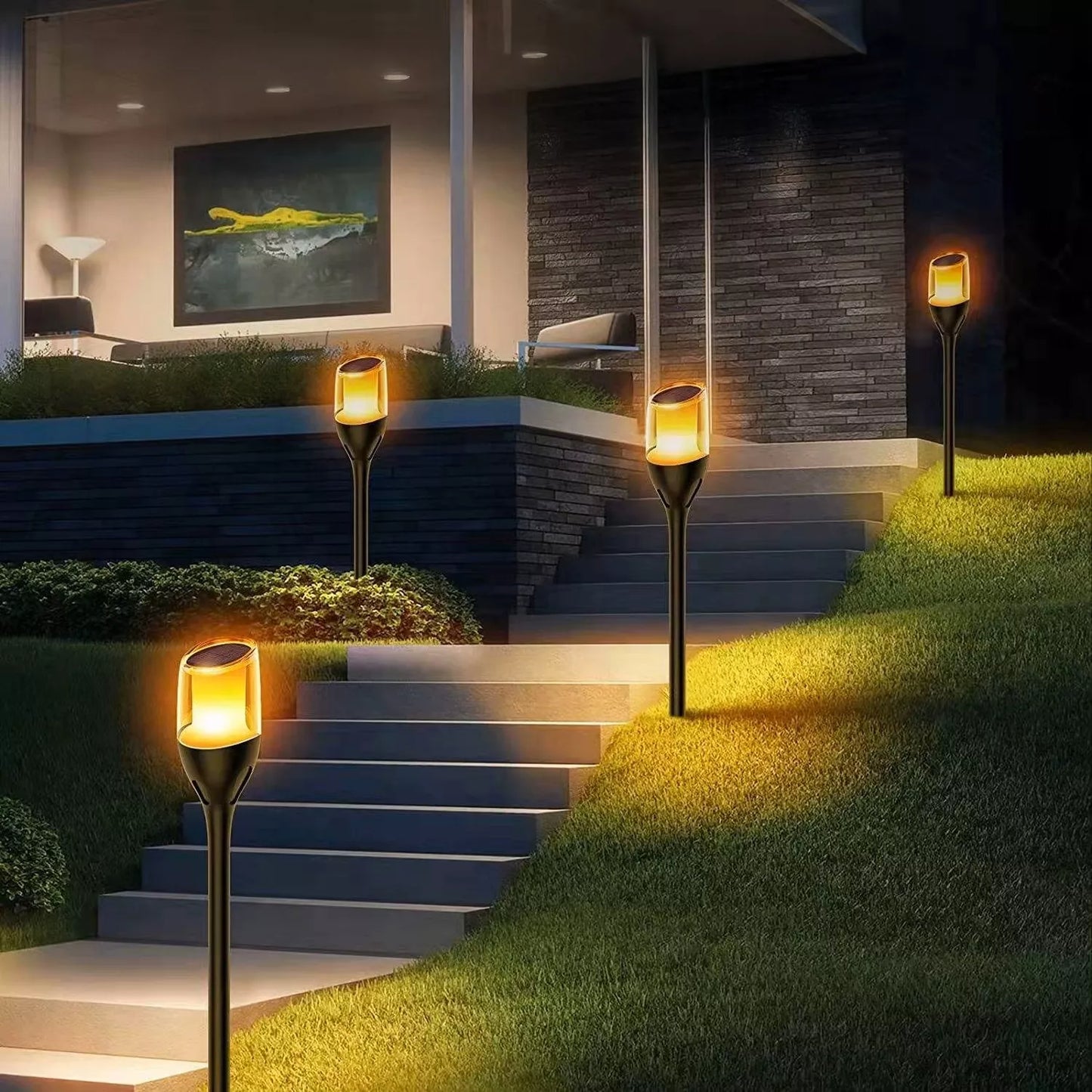 Ogrodowa lampa solarna LED słupek wbijany z czujnikiem zmierzchu imitująca płomień pochodni