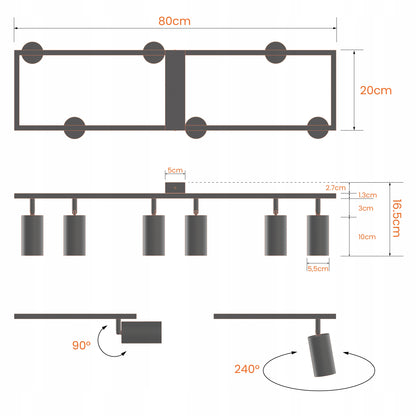 Lubinis šviestuvas su 6 GU10 LED/halogeniniais taškiniais prožektoriais, reguliuojamas sieninis šviestuvas, LED lubinė lempa