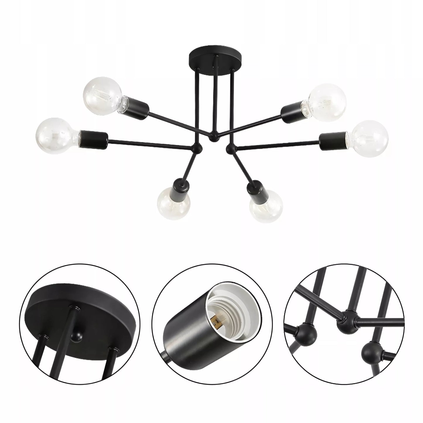 Lubinis kabantis šviestuvas, juodas, baltos rutulys, LED, 6xE27, metalinis, lofto stilius