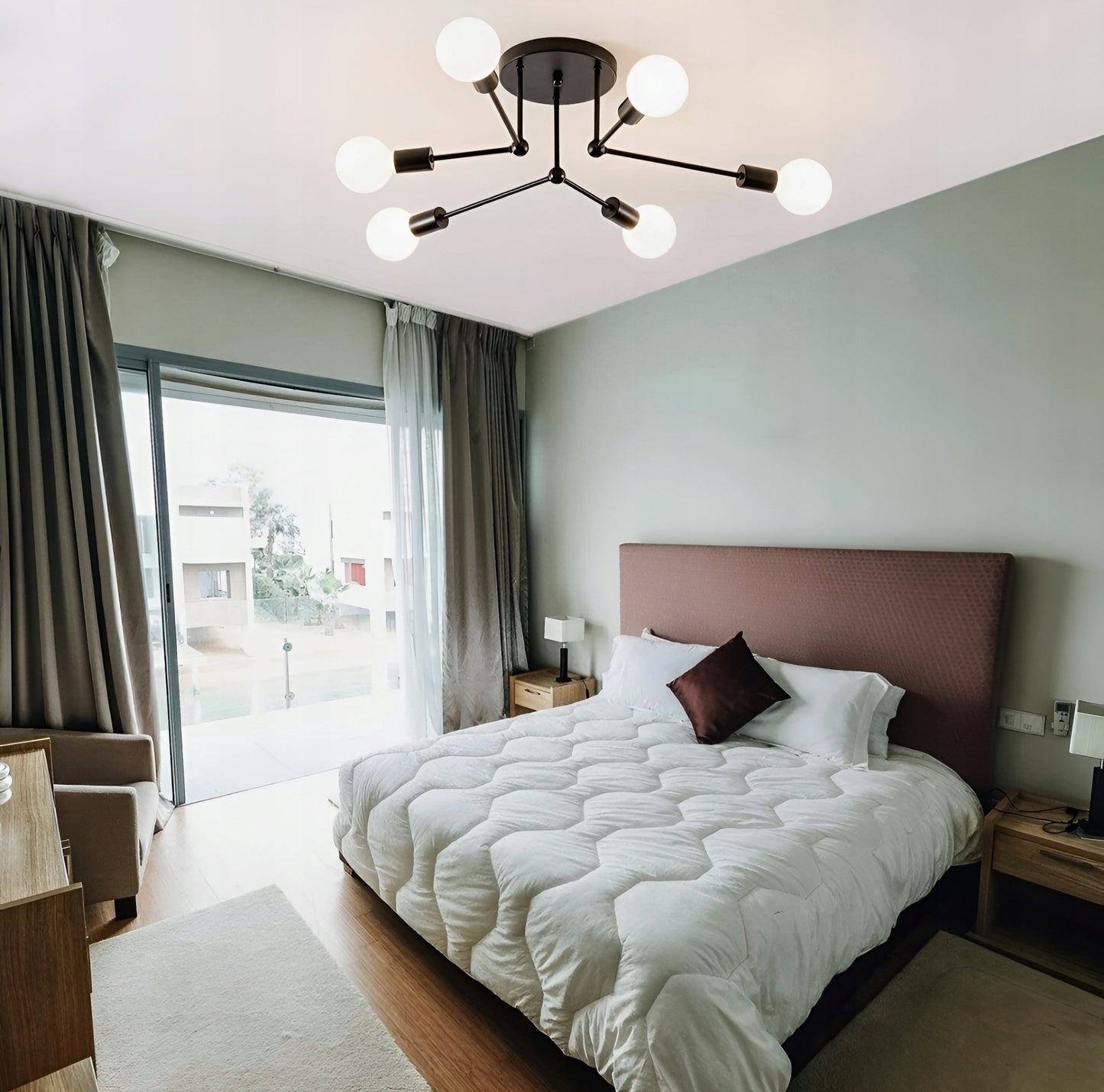 Lubinis kabantis šviestuvas, juodas, baltos rutulys, LED, 6xE27, metalinis, lofto stilius