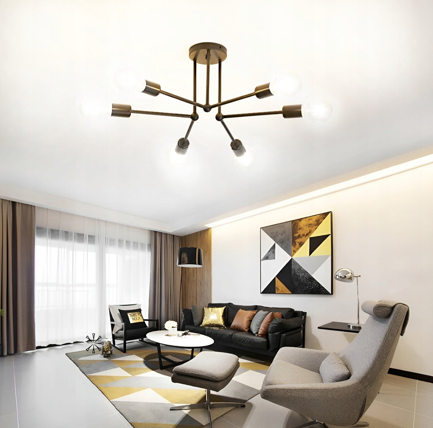 Lubinis kabantis šviestuvas, juodas, baltos rutulys, LED, 6xE27, metalinis, lofto stilius