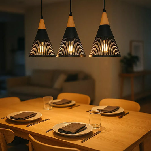 Pakabinamas lubinis LED šviestuvas, liustra, 3x E27, medinė LOFT tipo instaliacija