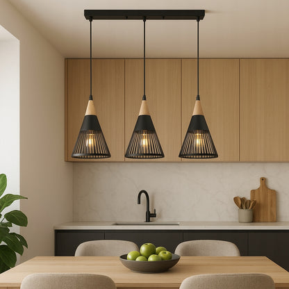 Pakabinamas lubinis LED šviestuvas, liustra, 3x E27, medinė LOFT tipo instaliacija