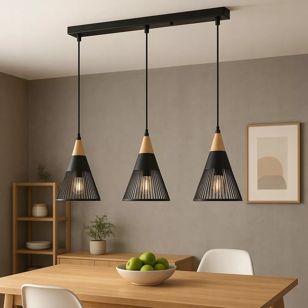 Pakabinamas lubinis LED šviestuvas, liustra, 3x E27, medinė LOFT tipo instaliacija