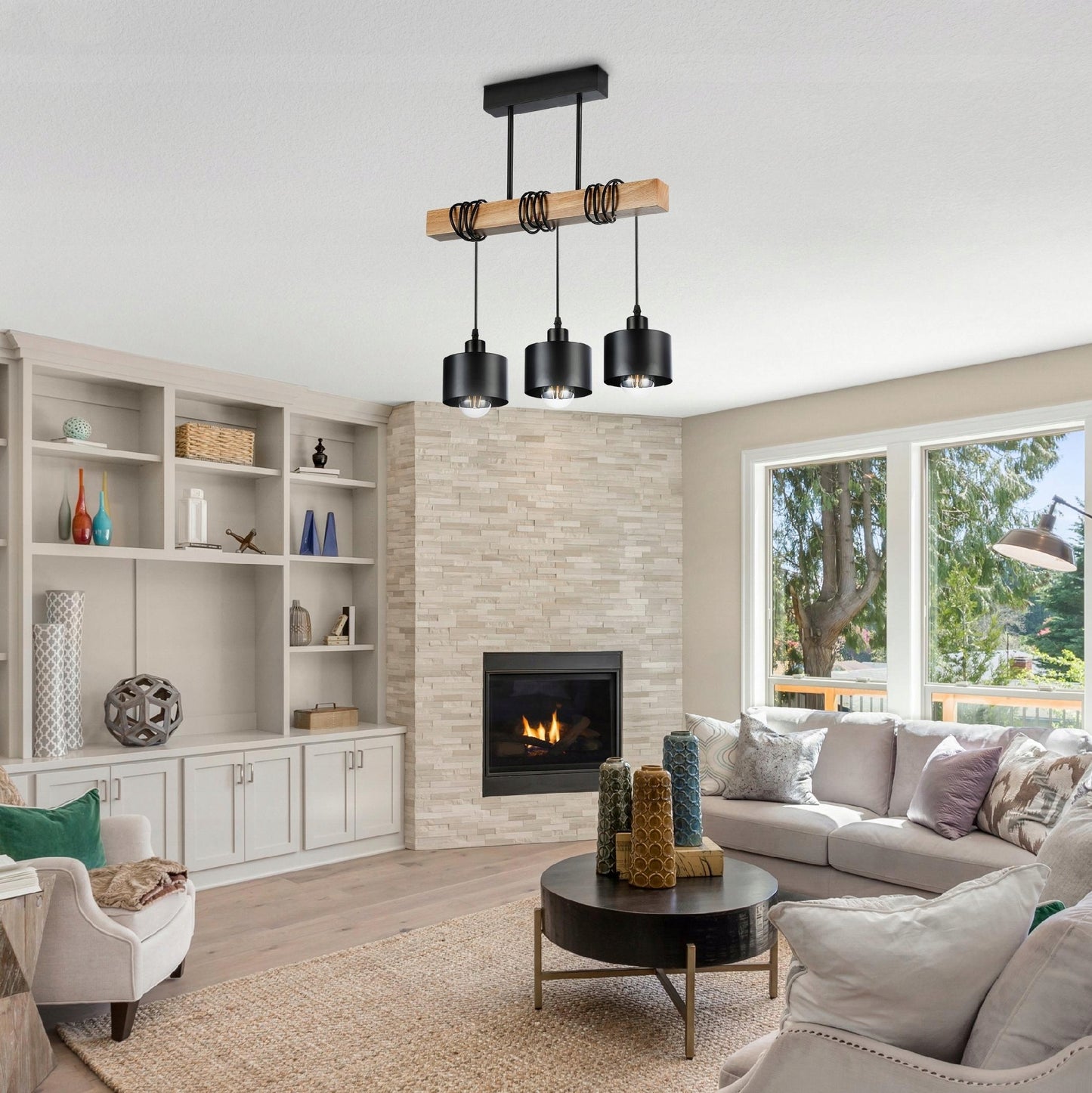 Pakabinamas lubinis šviestuvas LED, 3x E27, LOFT stiliaus, medinis ąžuolas