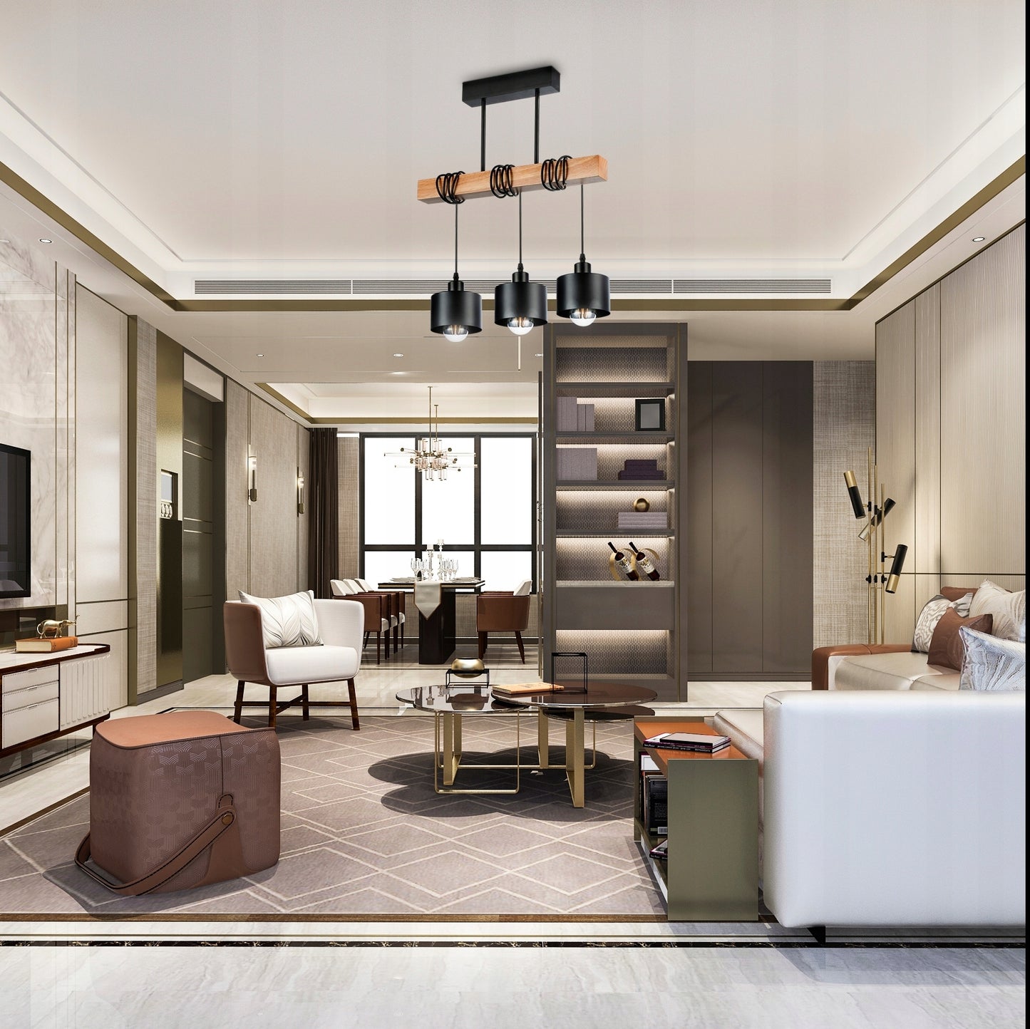 Pakabinamas lubinis šviestuvas LED, 3x E27, LOFT stiliaus, medinis ąžuolas