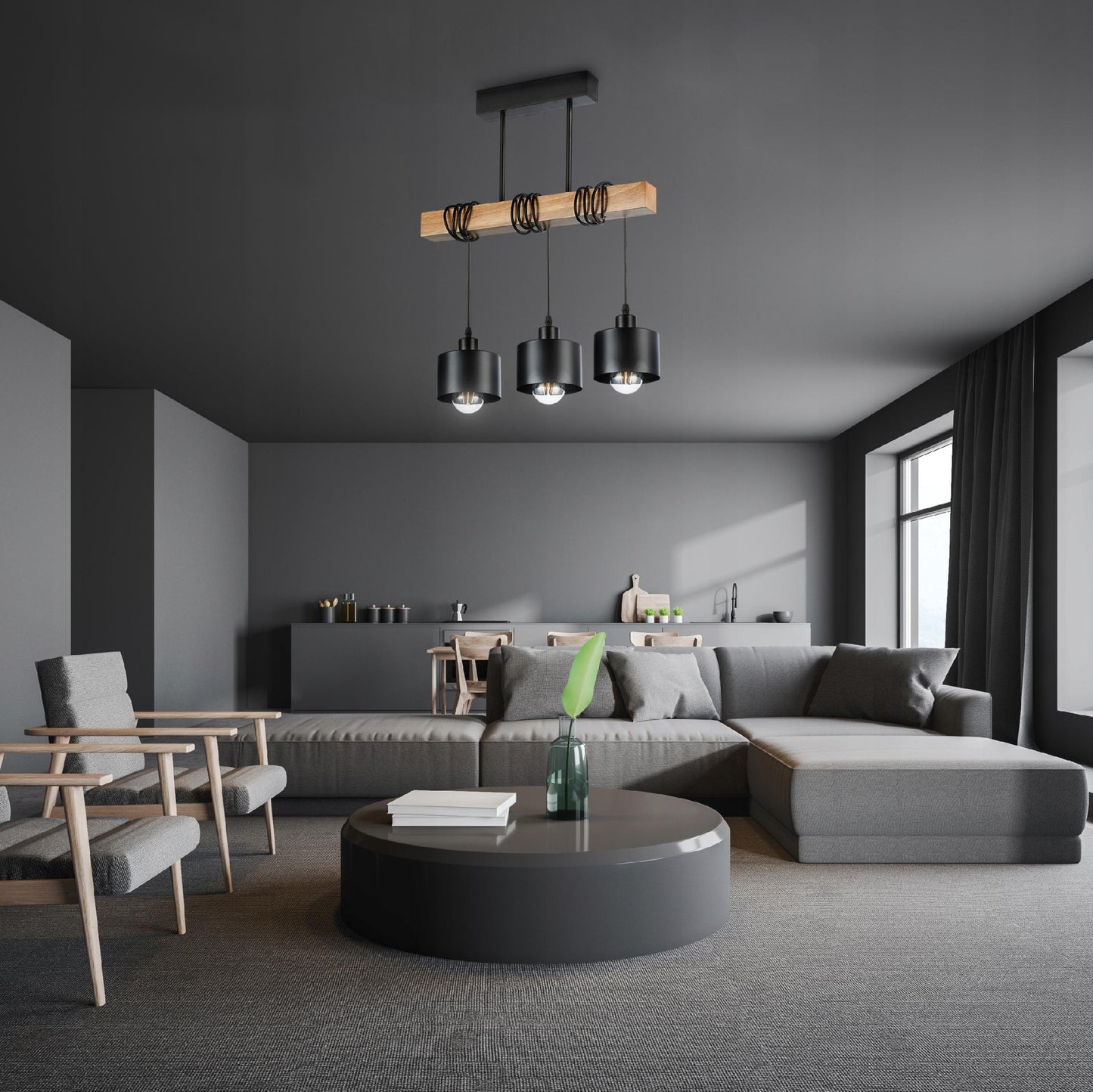 Pakabinamas lubinis šviestuvas LED, 3x E27, LOFT stiliaus, medinis ąžuolas