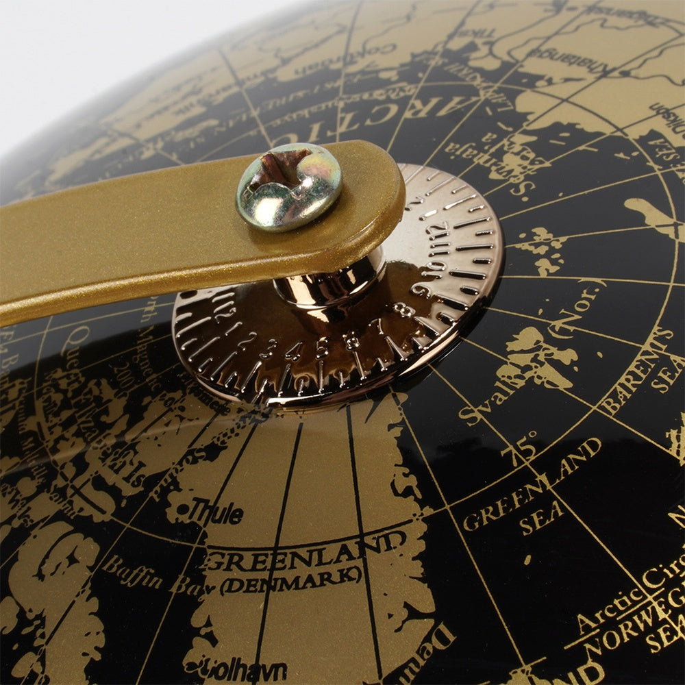 Lempa GLOBUS juoda ir auksinė, šviečianti, apšviesta stalinė lempa ant stalo