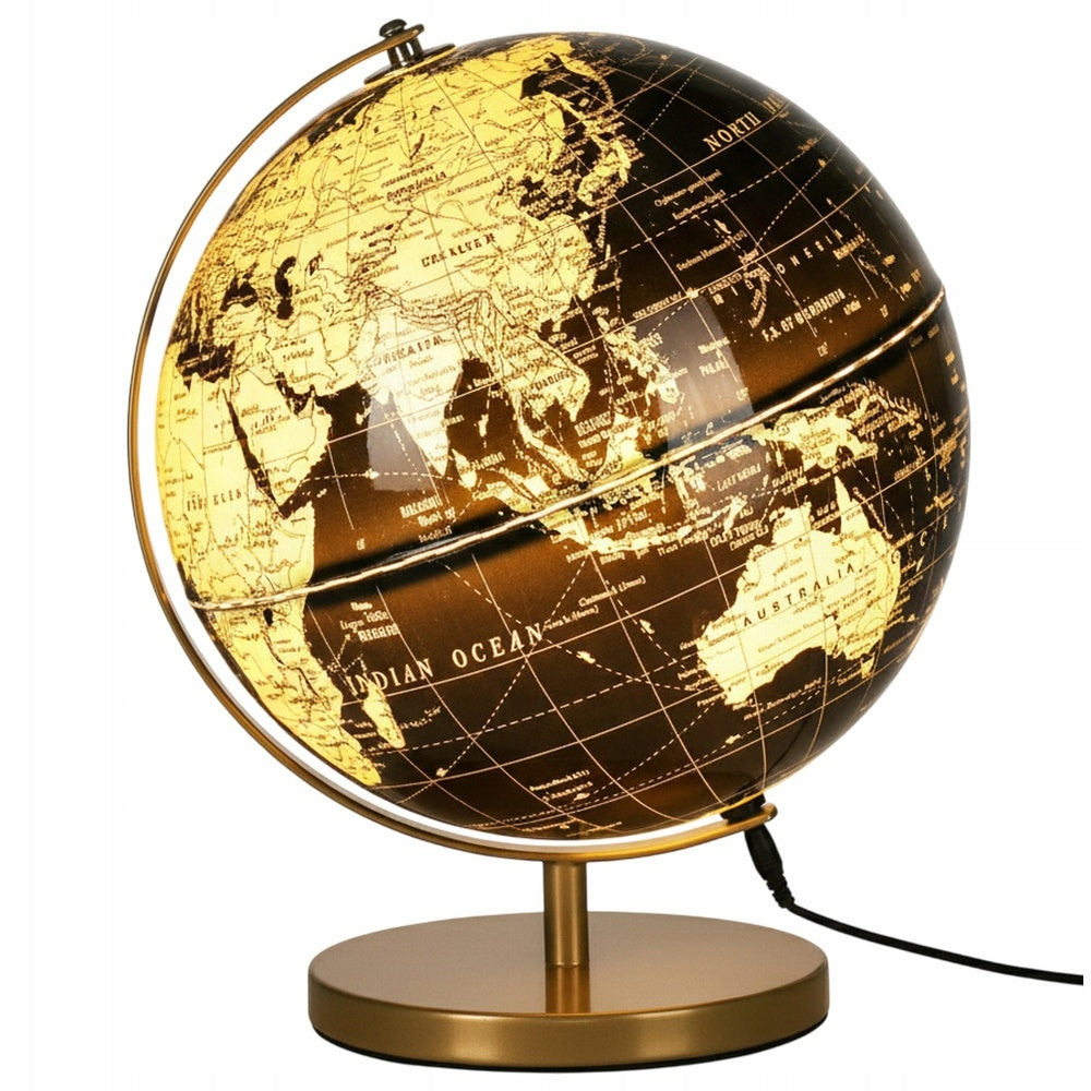Lempa GLOBUS juoda ir auksinė, šviečianti, apšviesta stalinė lempa ant stalo