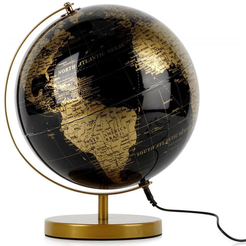 Lempa GLOBUS juoda ir auksinė, šviečianti, apšviesta stalinė lempa ant stalo