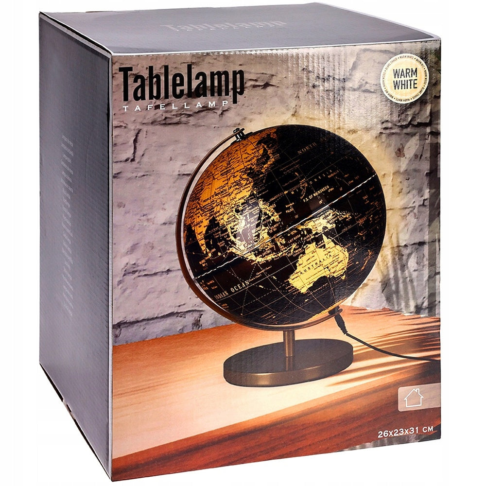 Lempa GLOBUS juoda ir auksinė, šviečianti, apšviesta stalinė lempa ant stalo