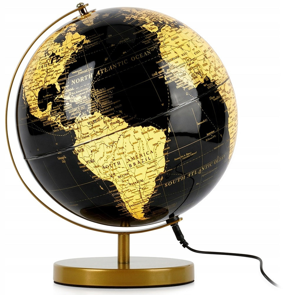 Lempa GLOBUS juoda ir auksinė, šviečianti, apšviesta stalinė lempa ant stalo