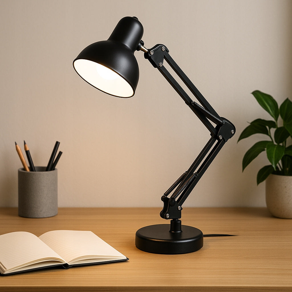 LED stalinė lemputė, skirta braižyti, mokyklai, reguliuojama, juoda, stovinti, E27, su spaustuku