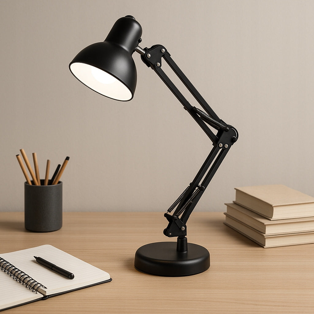 LED stalinė lemputė, skirta braižyti, mokyklai, reguliuojama, juoda, stovinti, E27, su spaustuku