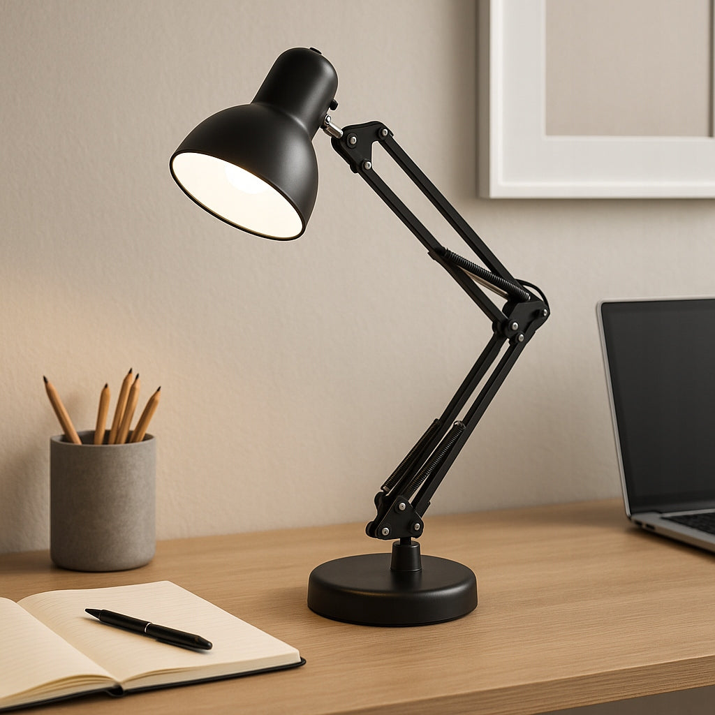 LED stalinė lemputė, skirta braižyti, mokyklai, reguliuojama, juoda, stovinti, E27, su spaustuku