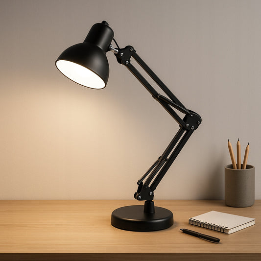 LED stalinė lemputė, skirta braižyti, mokyklai, reguliuojama, juoda, stovinti, E27, su spaustuku