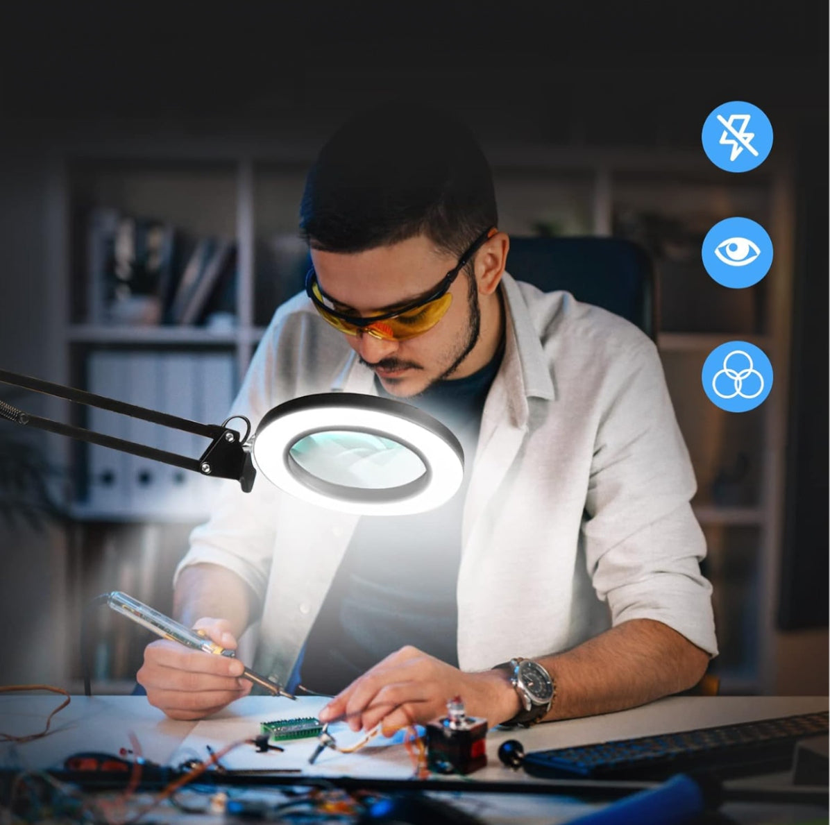 Stalinė LED lempa, kosmetinė lempa, reguliuojamas pritemdymas, didinamasis stiklas