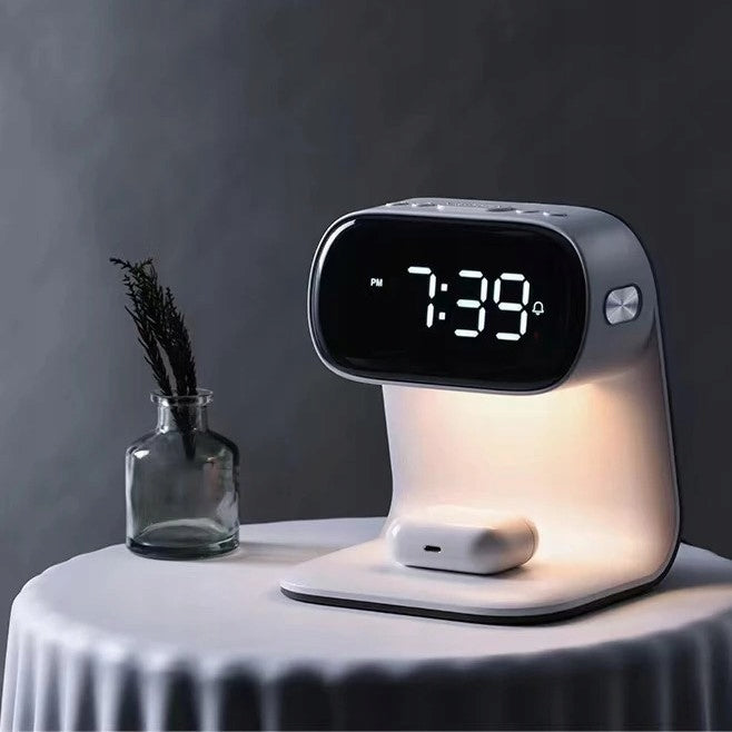 LED stalinė naktinė lemputė su Qi 15W belaidžiu įkrovikliu ir žadintuvu