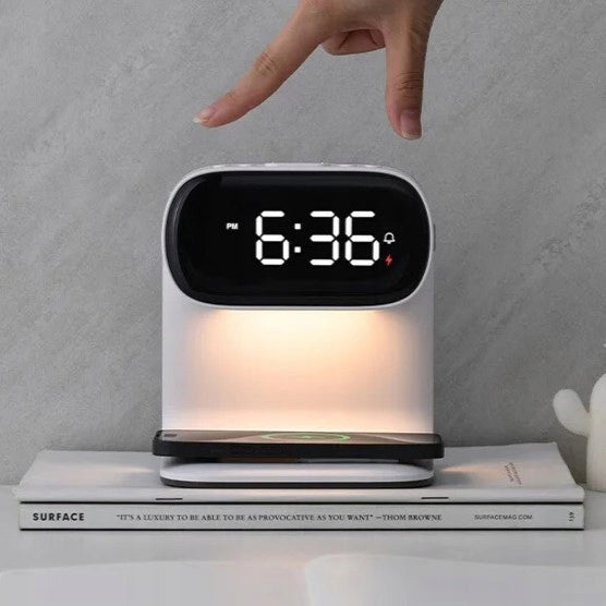 LED stalinė naktinė lemputė su Qi 15W belaidžiu įkrovikliu ir žadintuvu