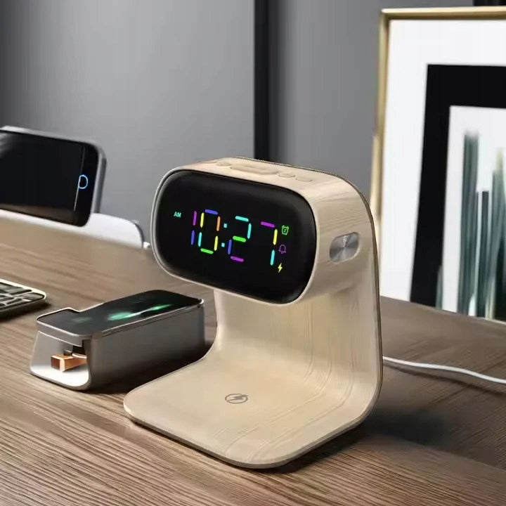 LED stalinė naktinė lemputė su Qi 15W belaidžiu įkrovikliu ir žadintuvu