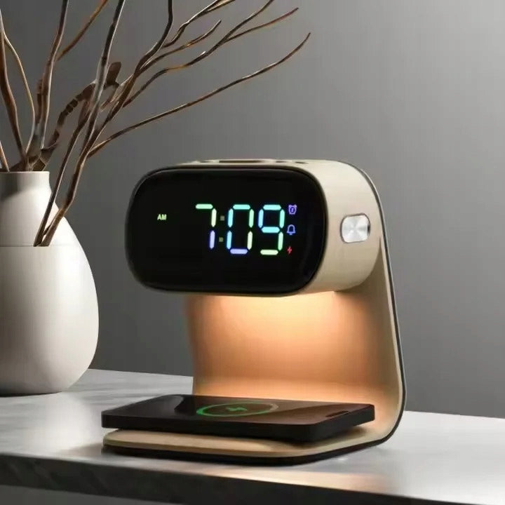 LED stalinė naktinė lemputė su Qi 15W belaidžiu įkrovikliu ir žadintuvu