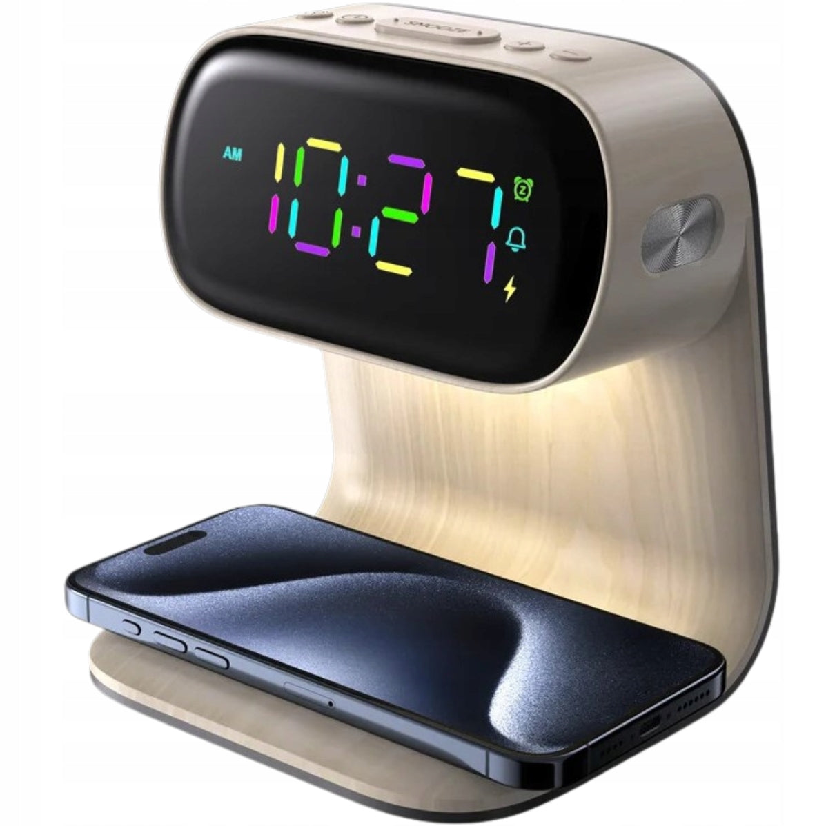 LED stalinė naktinė lemputė su Qi 15W belaidžiu įkrovikliu ir žadintuvu