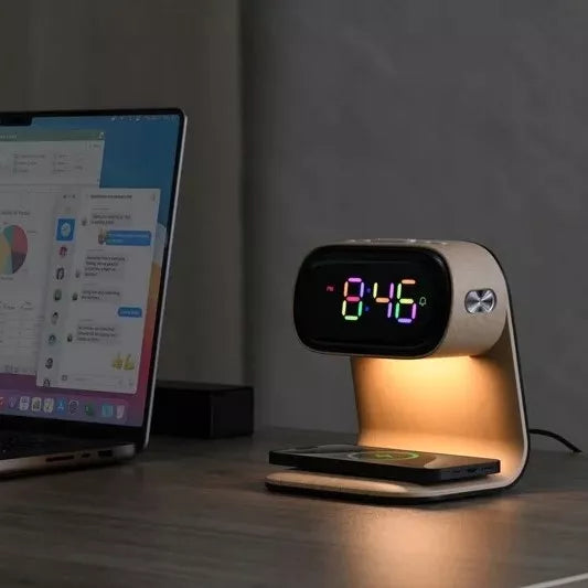 LED stalinė naktinė lemputė su Qi 15W belaidžiu įkrovikliu ir žadintuvu