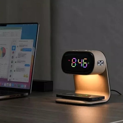 LED stalinė naktinė lemputė su Qi 15W belaidžiu įkrovikliu ir žadintuvu