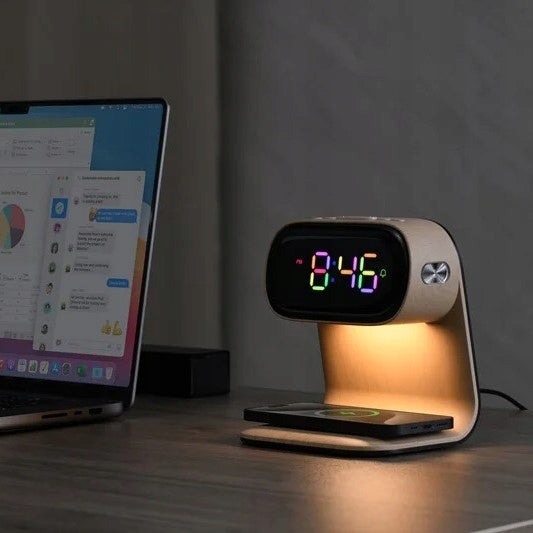 LED stalinė naktinė lemputė su Qi 15W belaidžiu įkrovikliu ir žadintuvu