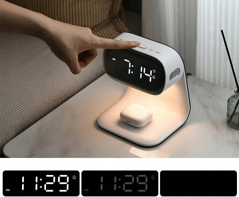 LED stalinė naktinė lemputė su Qi 15W belaidžiu įkrovikliu ir žadintuvu