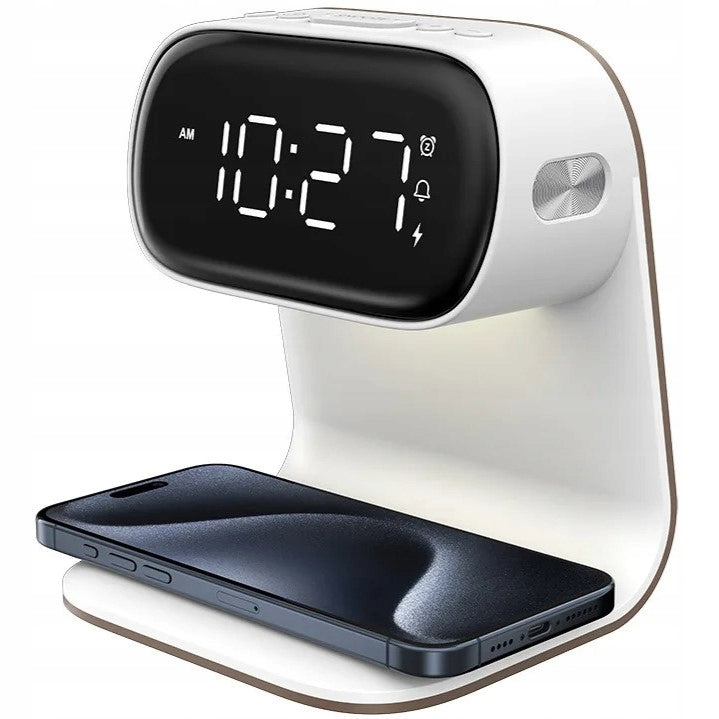 LED stalinė naktinė lemputė su Qi 15W belaidžiu įkrovikliu ir žadintuvu
