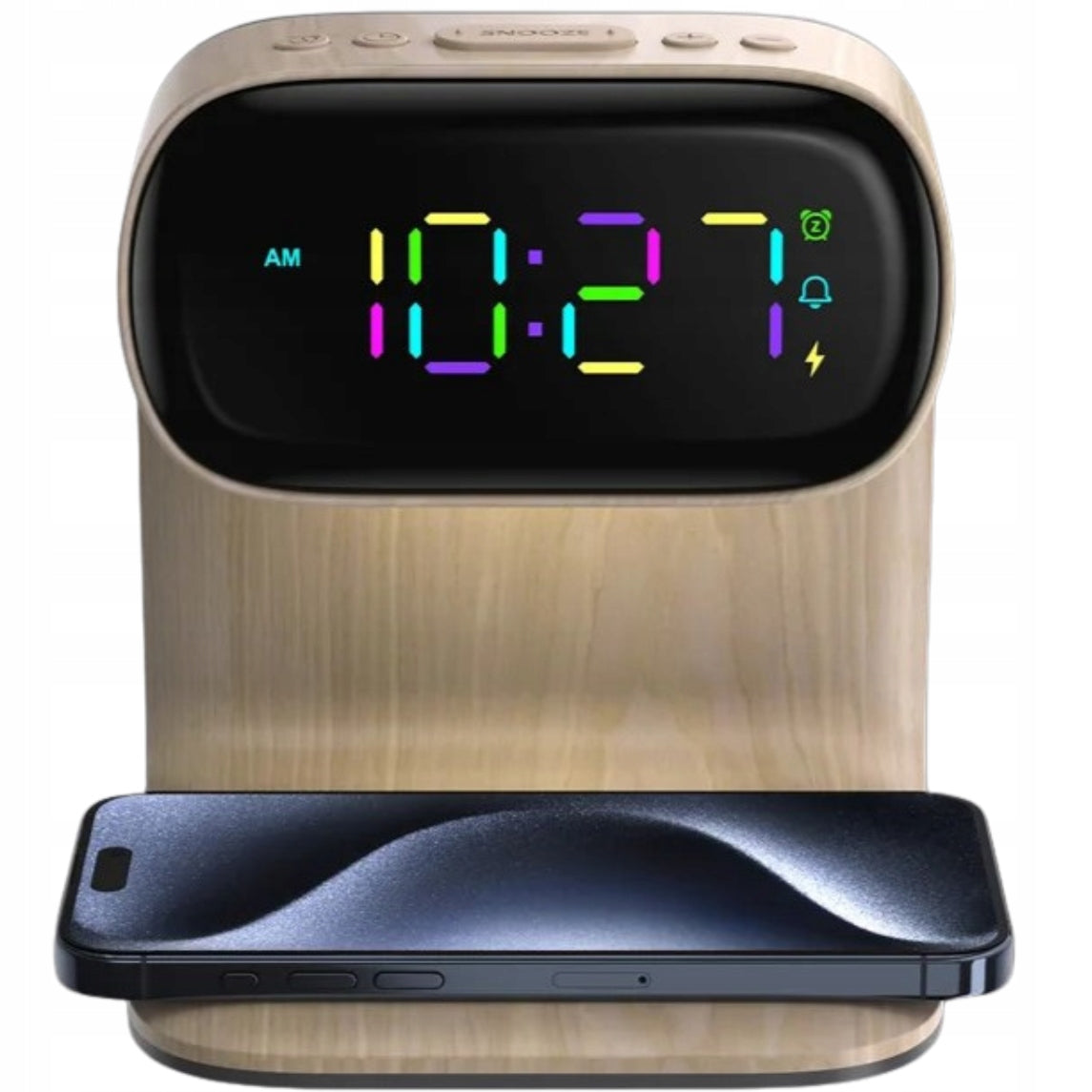 LED stalinė naktinė lemputė su Qi 15W belaidžiu įkrovikliu ir žadintuvu