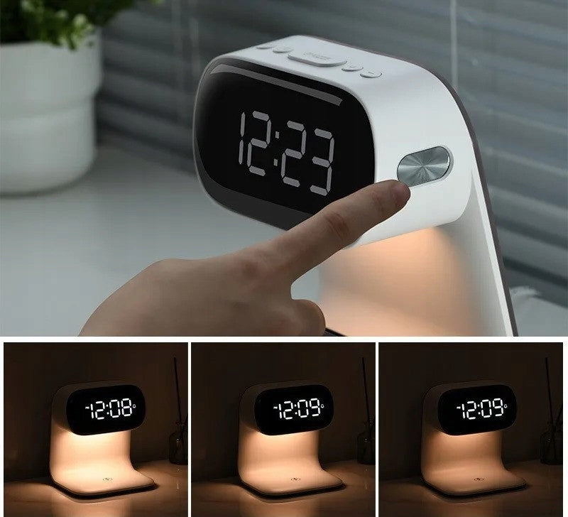 LED stalinė naktinė lemputė su Qi 15W belaidžiu įkrovikliu ir žadintuvu