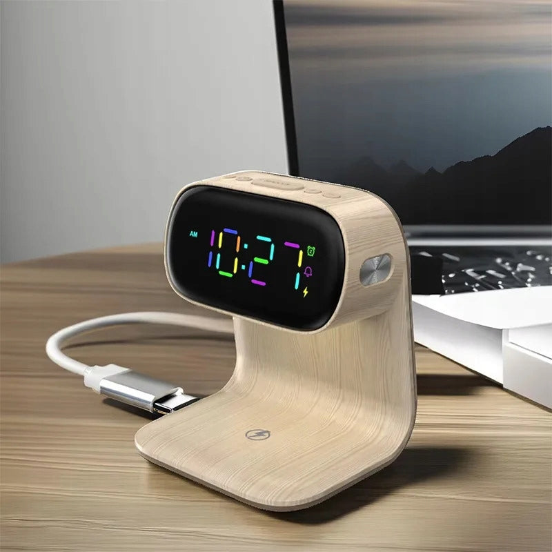 LED stalinė naktinė lemputė su Qi 15W belaidžiu įkrovikliu ir žadintuvu