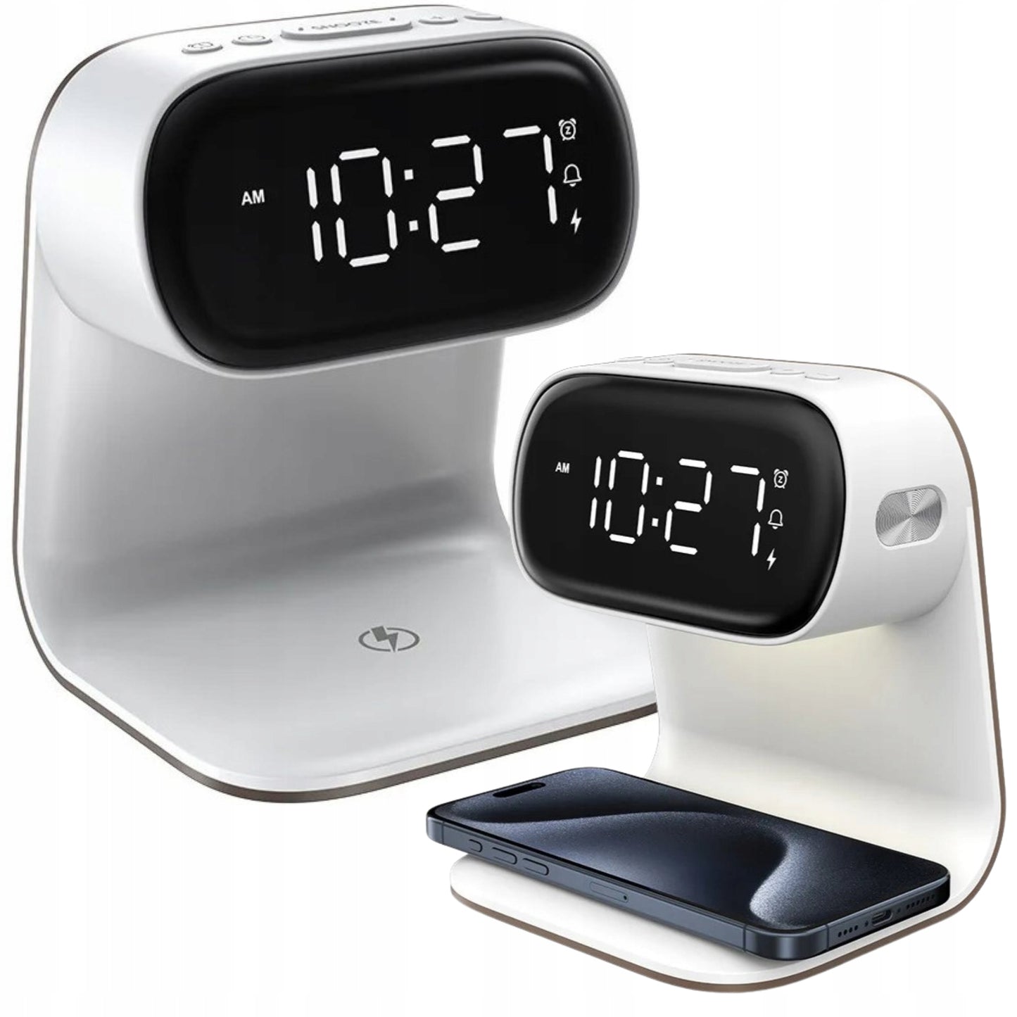 LED stalinė naktinė lemputė su Qi 15W belaidžiu įkrovikliu ir žadintuvu