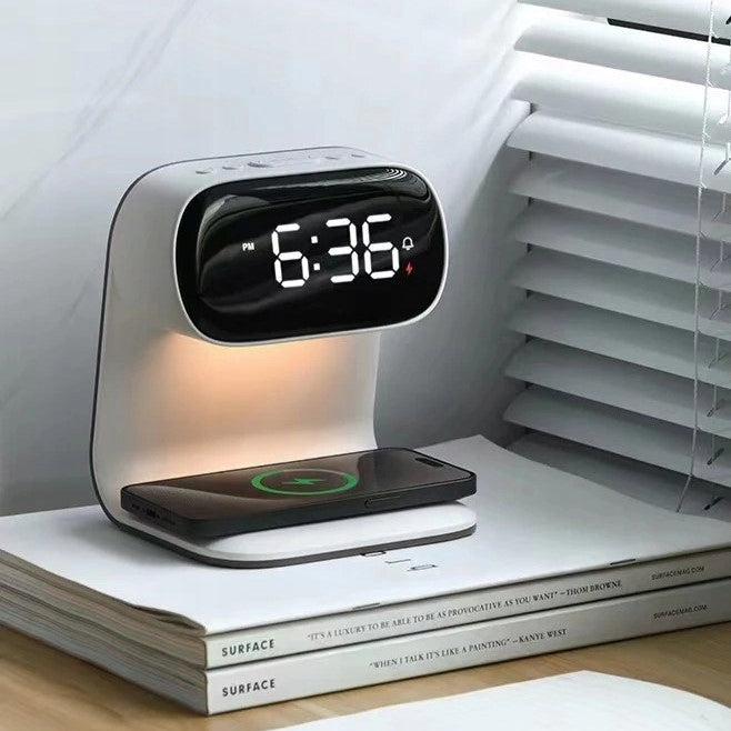 LED stalinė naktinė lemputė su Qi 15W belaidžiu įkrovikliu ir žadintuvu