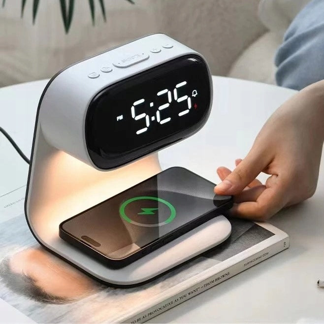 LED stalinė naktinė lemputė su Qi 15W belaidžiu įkrovikliu ir žadintuvu