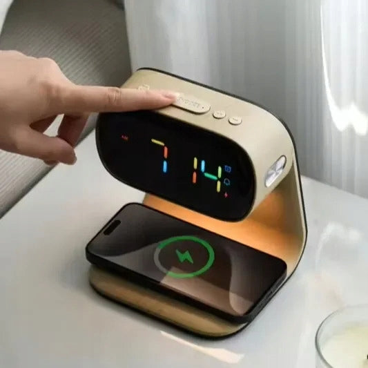 LED stalinė naktinė lemputė su Qi 15W belaidžiu įkrovikliu ir žadintuvu