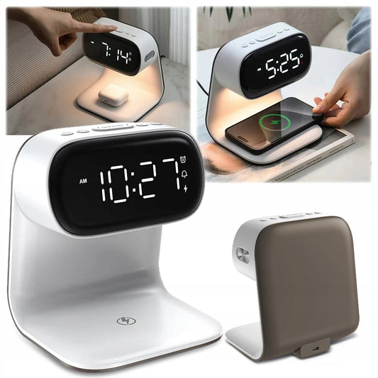 LED stalinė naktinė lemputė su Qi 15W belaidžiu įkrovikliu ir žadintuvu