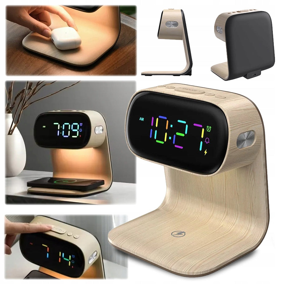 LED stalinė naktinė lemputė su Qi 15W belaidžiu įkrovikliu ir žadintuvu