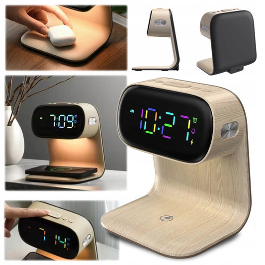 LED stalinė naktinė lemputė su Qi 15W belaidžiu įkrovikliu ir žadintuvu