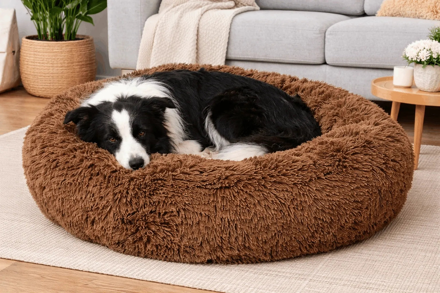 BB-Shop pliušinis „Shaggy“ gultas šunims, rudas, ovalus, L dydis, 80 cm