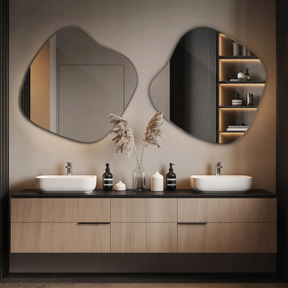 Asimetrinis veidrodis be rėmo makiažui, drabužinei, vonios kambariui, Japandi stiliaus