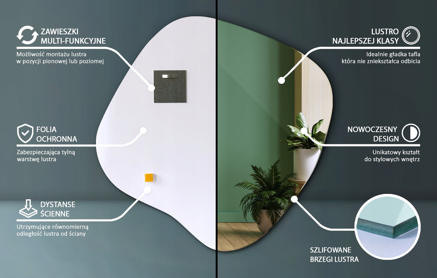 Asimetrinis veidrodis be rėmo makiažui, drabužinei, vonios kambariui, Japandi stiliaus