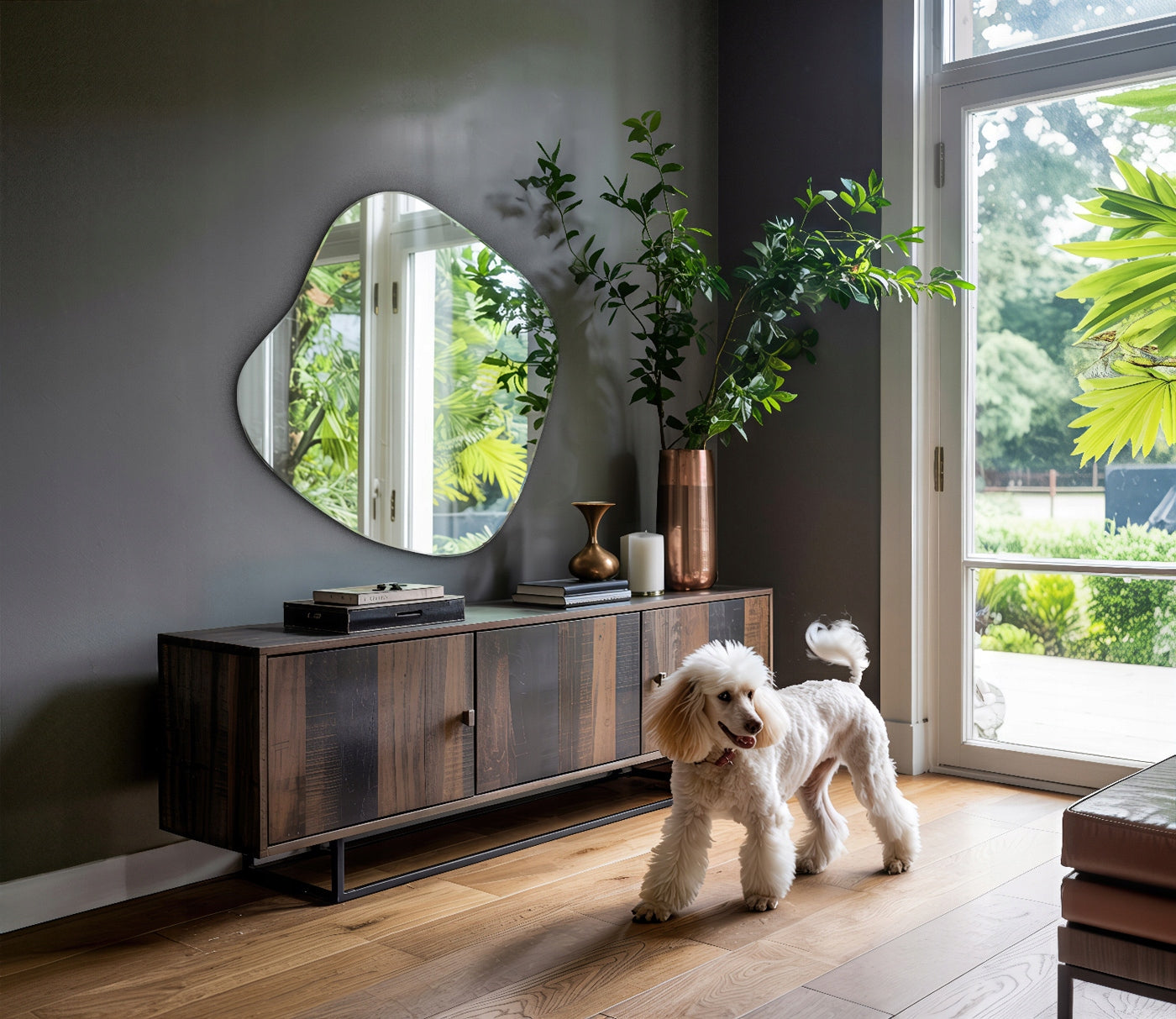 Asimetrinis veidrodis be rėmo makiažui, drabužinei, vonios kambariui, Japandi stiliaus