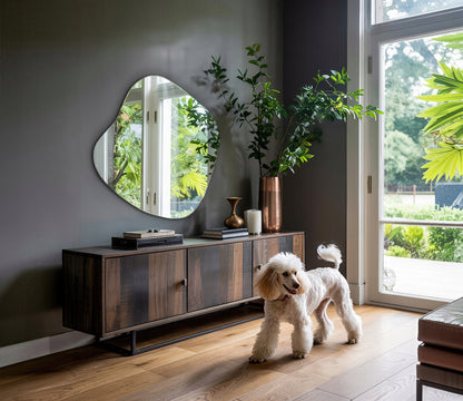 Asimetrinis veidrodis be rėmo makiažui, drabužinei, vonios kambariui, Japandi stiliaus