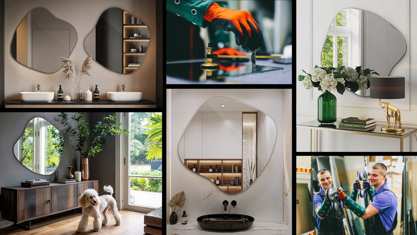 Asimetrinis veidrodis be rėmo makiažui, drabužinei, vonios kambariui, Japandi stiliaus