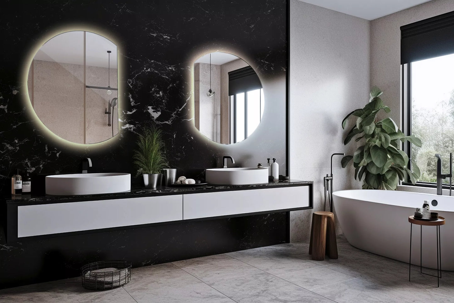 Pusė skritulio formos LED veidrodis su nusklembtu kraštu, šlifuotas asimetriškas 63 x 70 cm