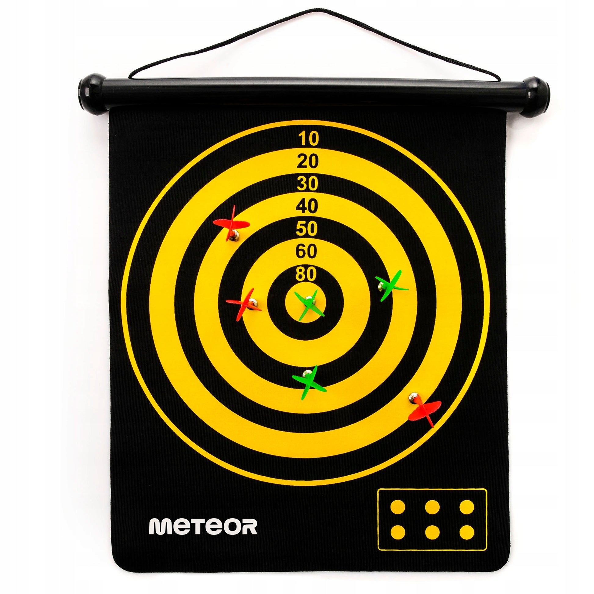 MAGNETINIS DARTŲ TAŠKYMAS DVIPUSIS SUSIKLAPSTOMAS METEOR 2 žaidimai 6 strėlės dėkle